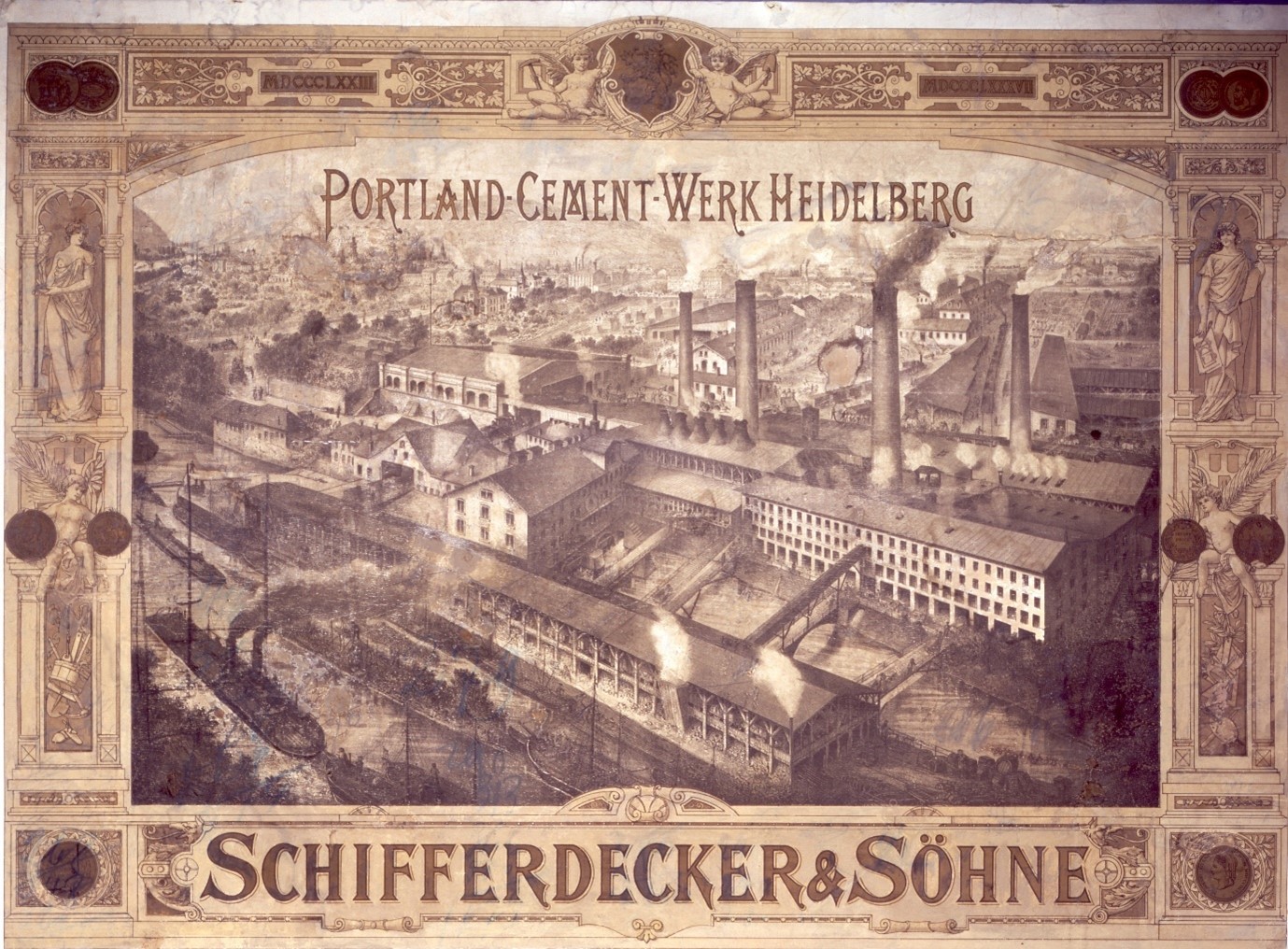 Historical picture of the "Portland Cement Plant Heidelberg": Factory complex with smoking chimneys, with "Schifferdecker & Söhne" underneath