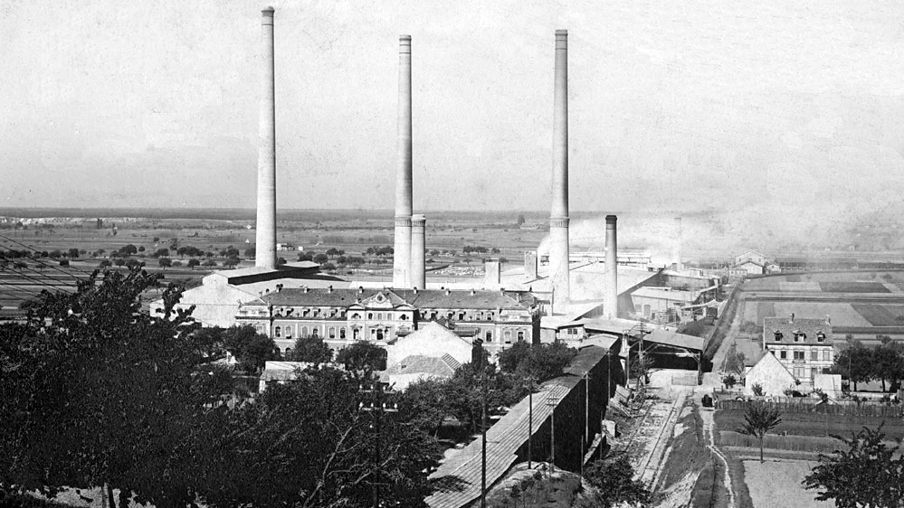 Factory with long chimneys