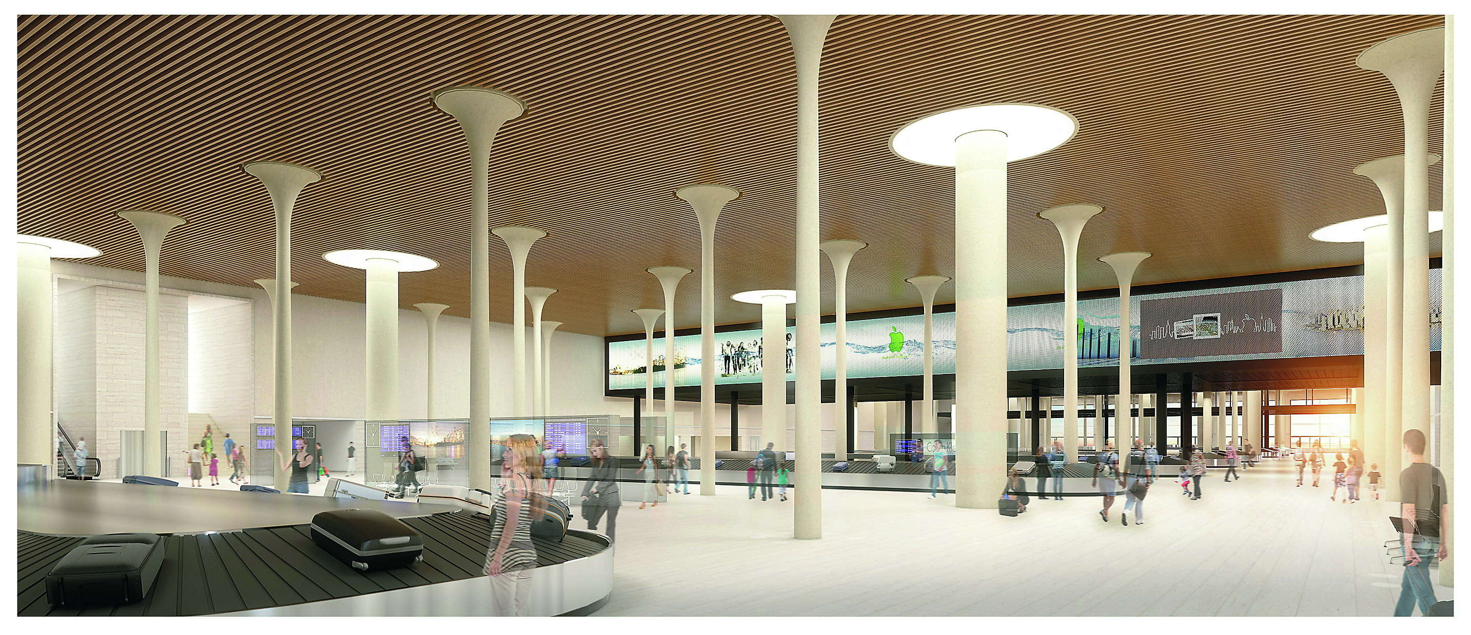 Baggage claim in the airport with suitcases on conveyor belts