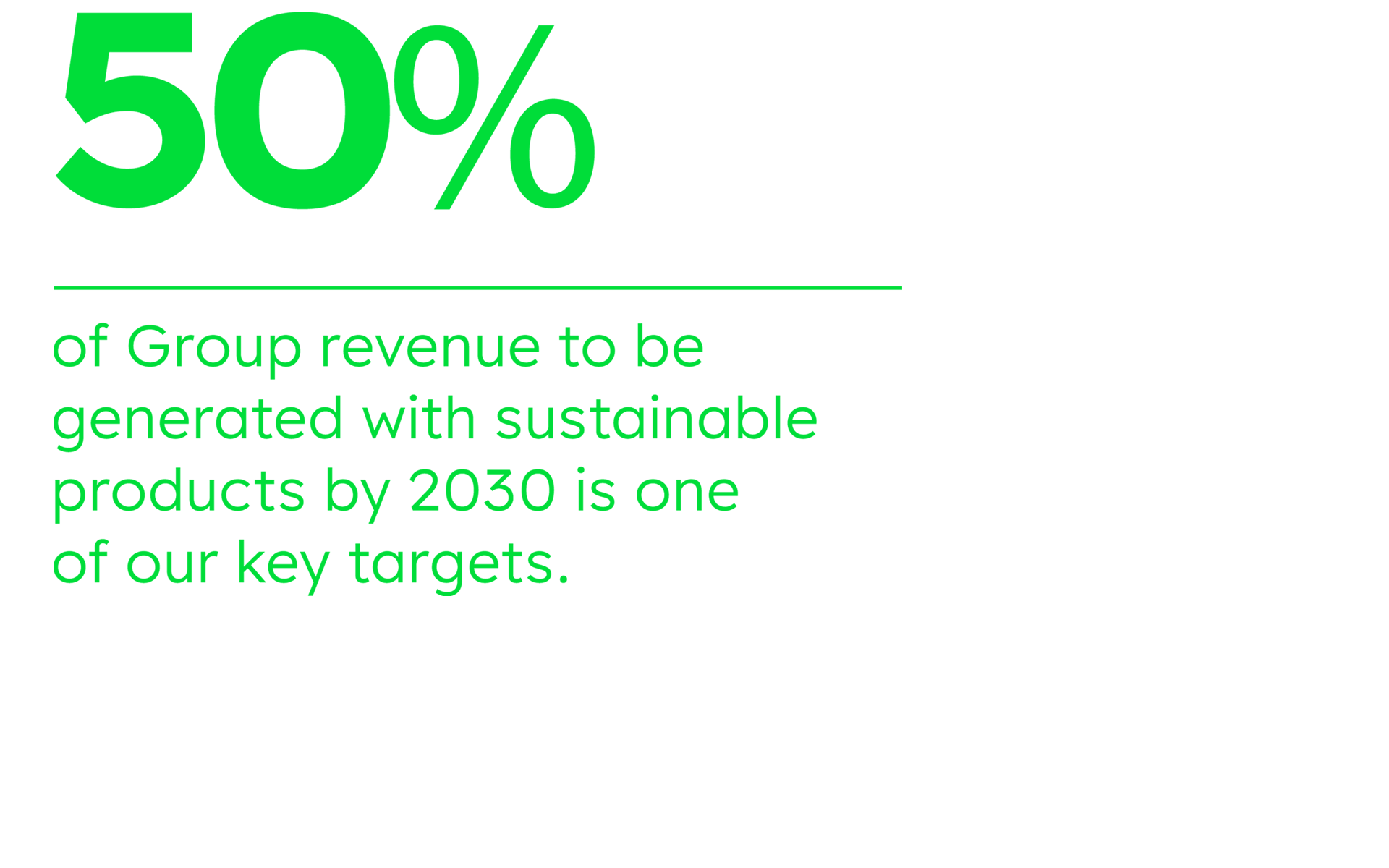 Text: "50 % of Group revenue to be generated with sustainable products by 2030 is one of our key targets."