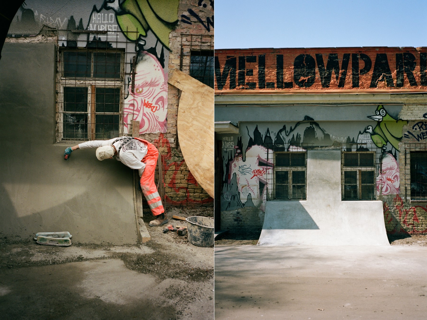 Before and after image, showing the creation of a skate ramp using sprayed concrete