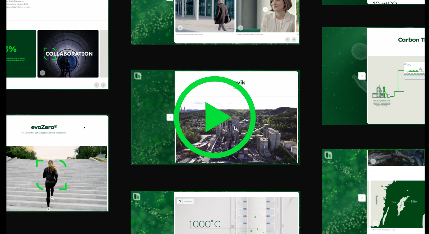 Collage von Webseiten-Screenshots, die ein grünes Design zeigen, einschließlich Abschnitten mit Grafiken, einem Naturbild, einem Mann, der auf Stufen geht, einer Fabriklandschaft, einem Globus mit Hintergrundtext und UI-Elementen mit Navigationssymbolen und Textblöcken.