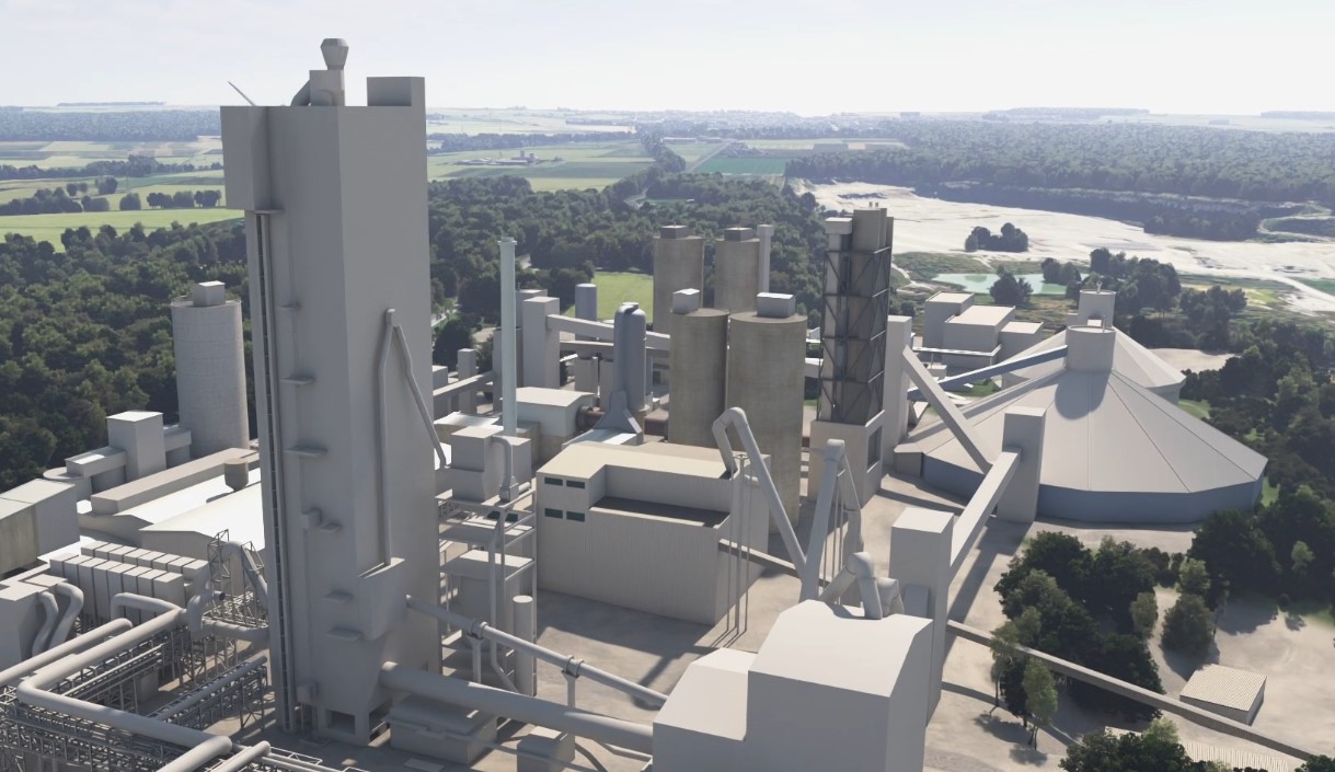 3D rendering of an industrial cement plant featuring tall silos, interconnected pipes, and a dome-shaped structure on the right. Surrounding the facility are trees and open fields extending into the horizon under a bright sky.