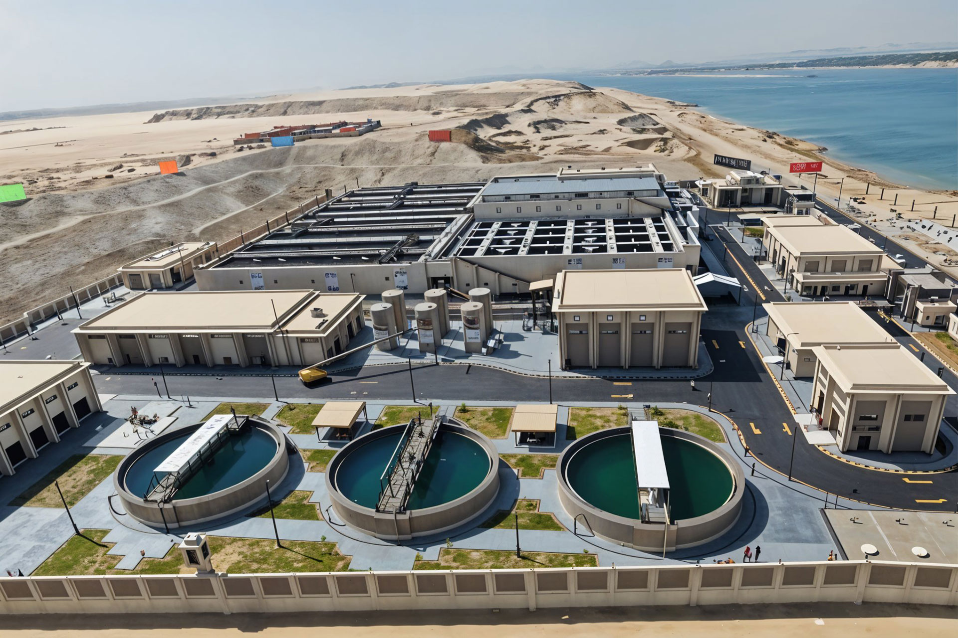 Aerial view of a large water treatment facility near a coastline. 