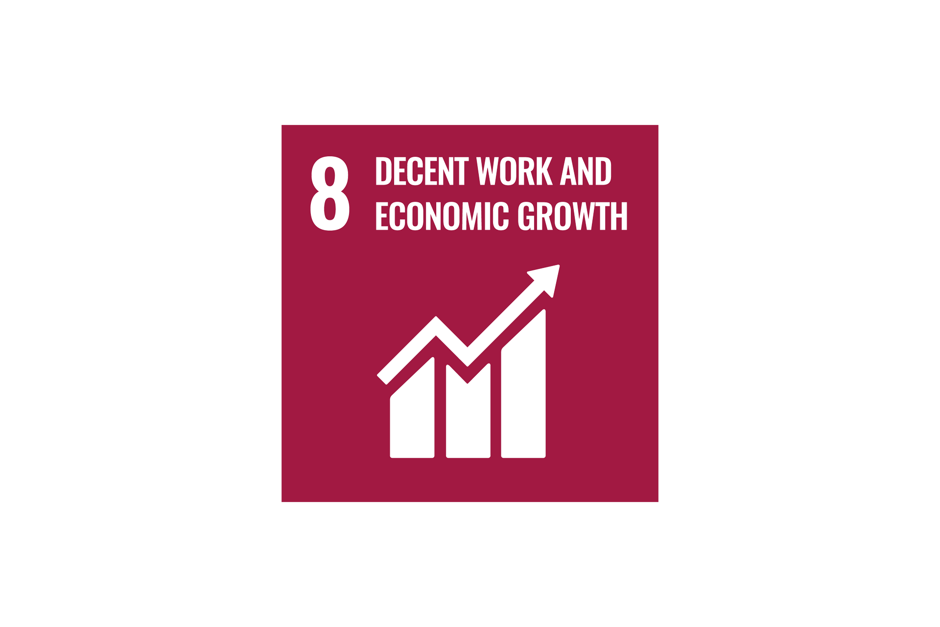 Rotes quadratisches Symbol für „Menschenwürdige Arbeit und Wirtschaftswachstum“ mit einem ansteigenden Balkendiagramm und einem Aufwärtspfeil, die den wirtschaftlichen Fortschritt symbolisieren, sowie einem Text in der oberen rechten Ecke.