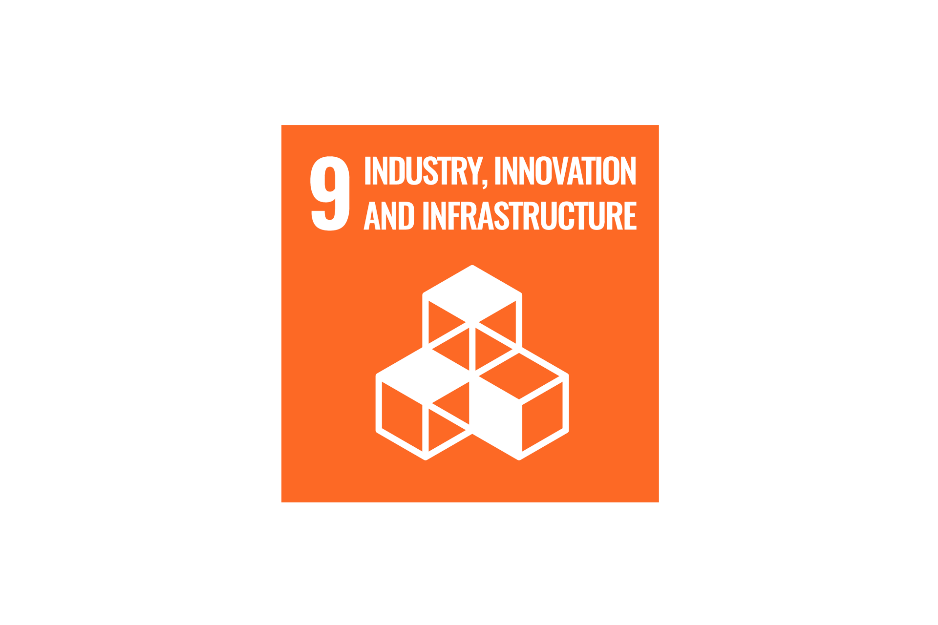 Orangefarbenes Quadrat mit einem weißen Symbol aus drei miteinander verbundenen Würfelkonturen in der Mitte, das für Infrastruktur steht. Über dem Symbol steht in weißer Schrift „9 Industrie, Innovation und Infrastruktur“, was für das neunte Ziel der Vereinten Nationen für nachhaltige Entwicklung steht.