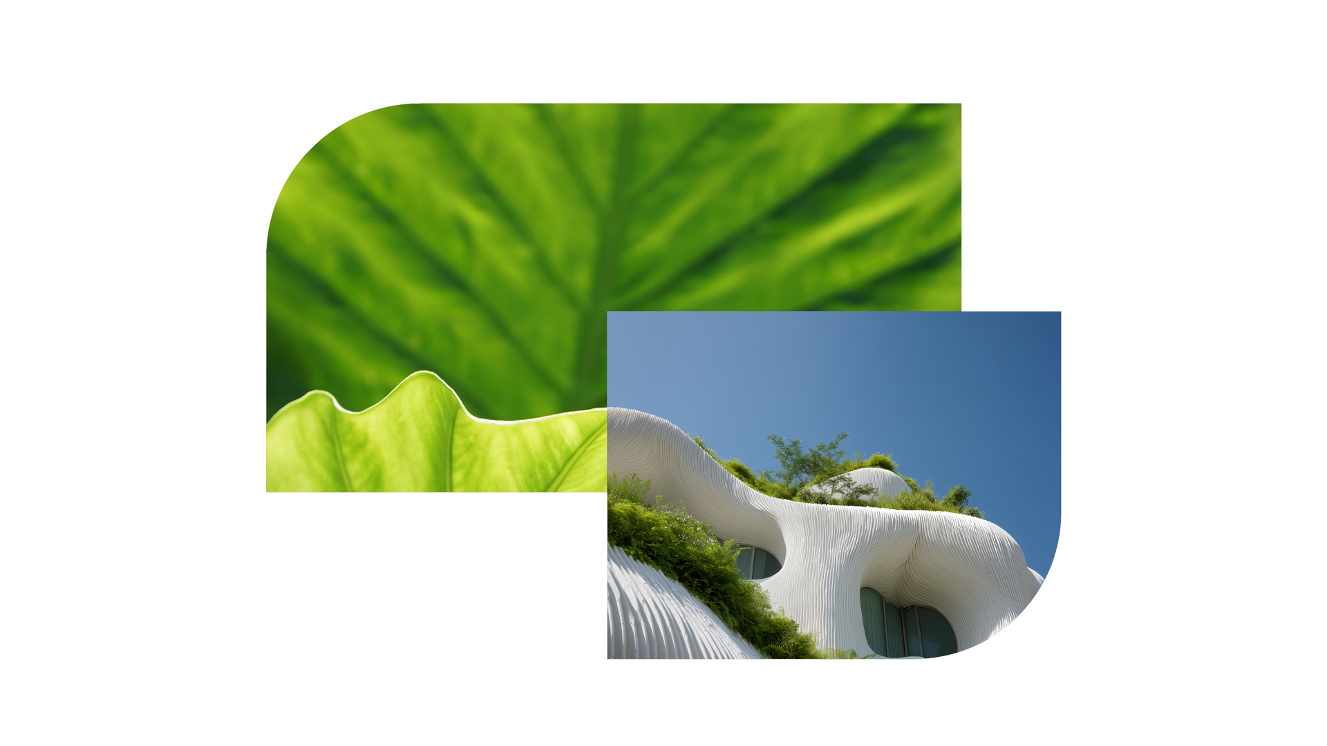 A close-up of a green leaf alongside a modern white building with greenery on its terraces.