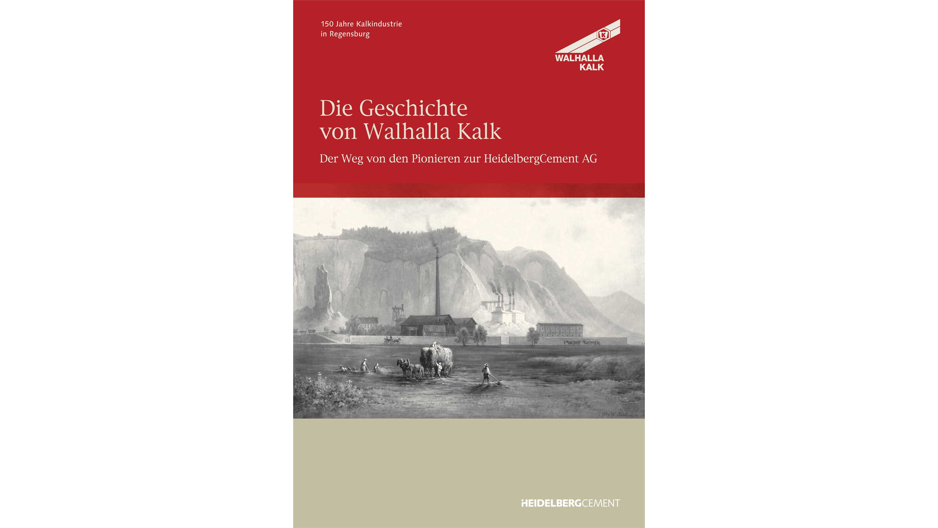 Eine historische Darstellung eines Kalkwerks vor einer Landschaft mit Bergen, verwendet als Titelbild eines Buches auf der Heidelberg Materials Website.