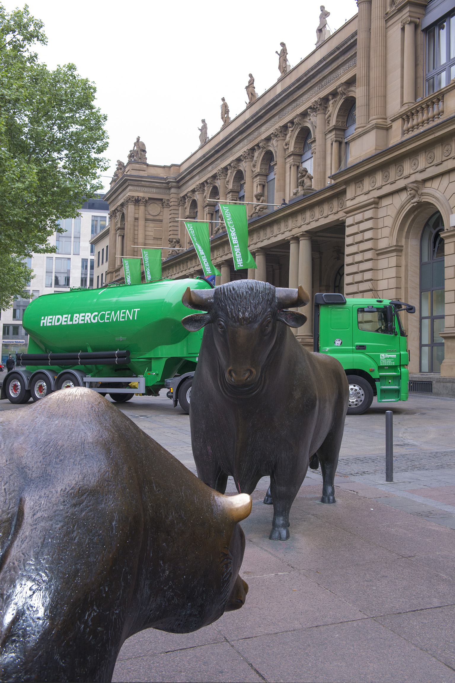 HeidelbergCement truck in front of the Deutsche Börse AG in Frankfurt