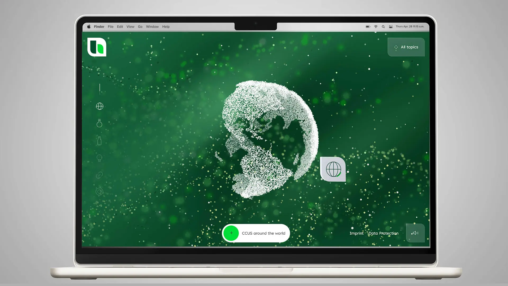 Laptopbildschirm mit einer Visualisierung einer digitalen Weltkugel und einem grünen Hintergrund, Haupt-Button zeigt eine Download-Option.