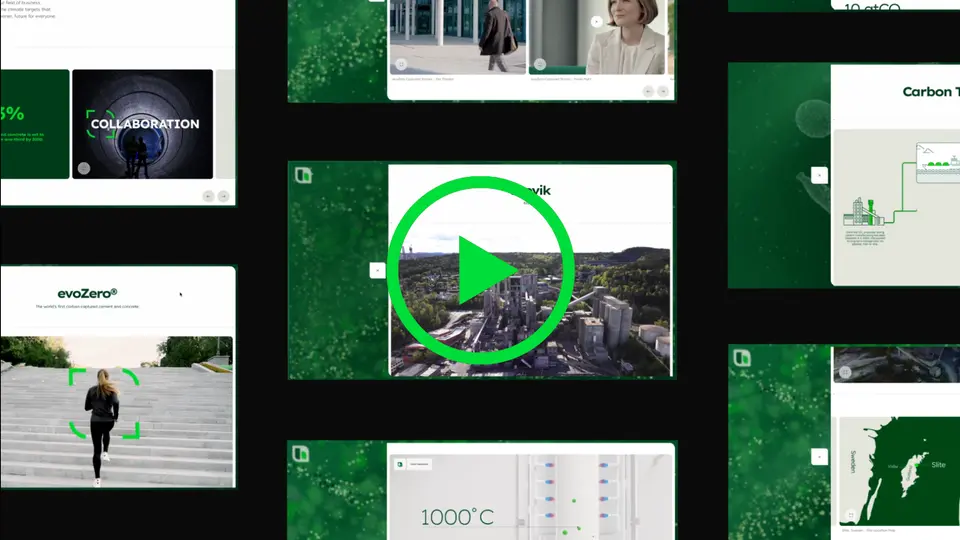 Collage of webpage screenshots showcasing a green-themed design, including sections with graphs, a nature image, a man walking on steps, a factory landscape, a globe with background text, and UI elements with navigation icons and text blocks.