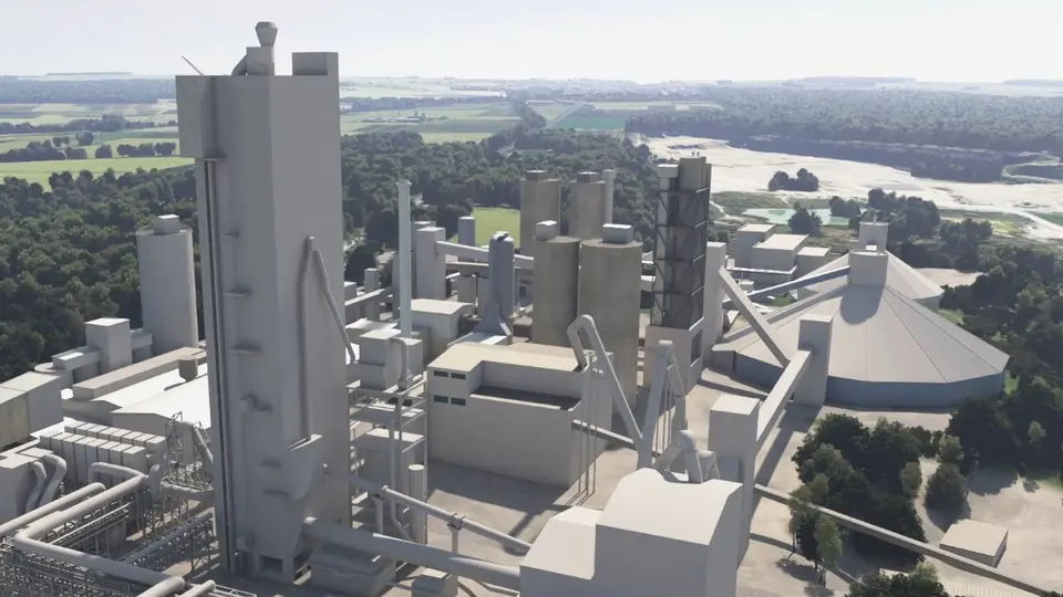 3D rendering of an industrial cement plant featuring tall silos, interconnected pipes, and a dome-shaped structure on the right. Surrounding the facility are trees and open fields extending into the horizon under a bright sky.
