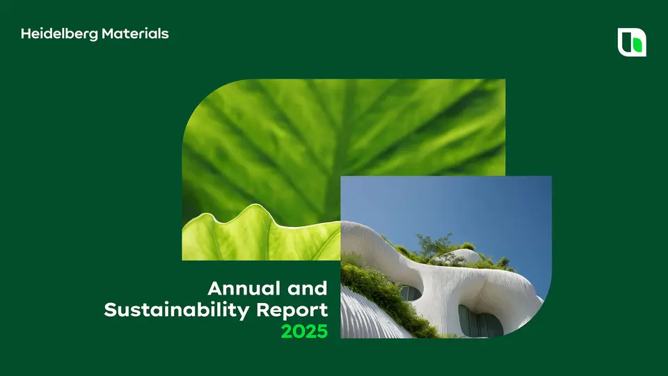 Cover image of the Heidelberg Materials Annual and Sustainability Report 2023 featuring a green leaf close-up and an innovative building with greenery.