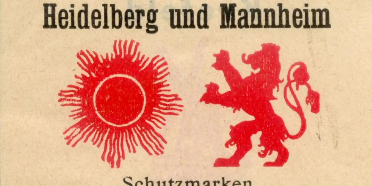 A vintage logo for Portland-Cementwerke Heidelberg und Mannheim, featuring a red sun and a red lion.