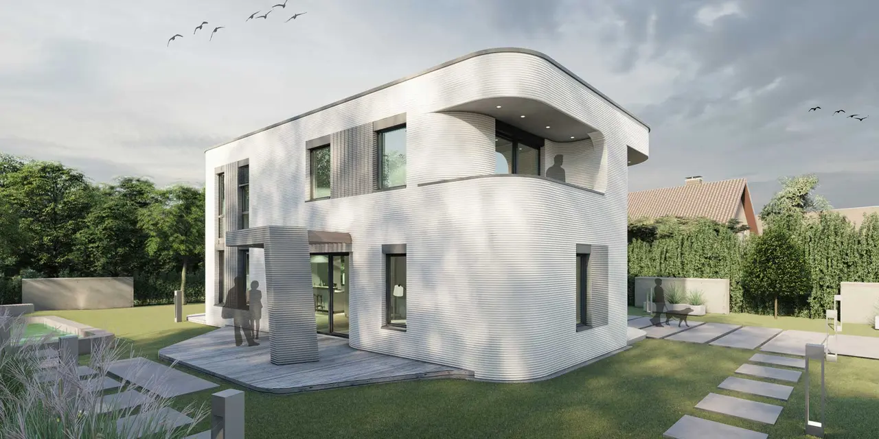 Modern two-story house with curved design and white walls, set against a green lawn and blue sky