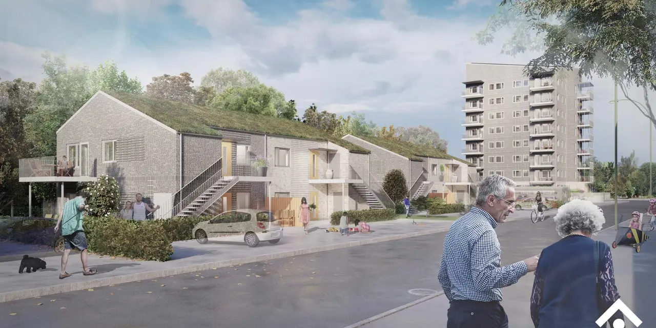 Illustration einer Vorstadt-Straße mit Reihenhäusern und einem Hochhaus, verschiedene Personen sind unterwegs.