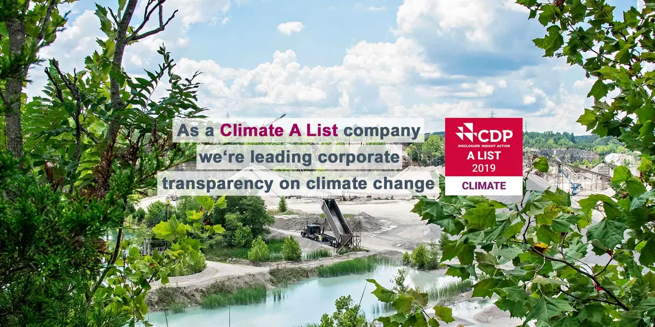 A scenic view juxtaposing nature with industry, highlighting a company’s pledge as a Climate A List entity for corporate transparency on climate change, accompanied by CDP 2019 Climate A List logos.