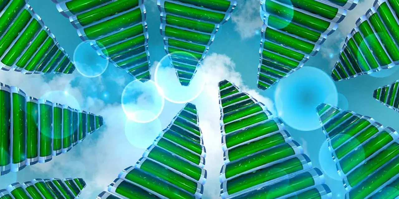 Eine grafische Darstellung von grünen zylindrischen Strukturen, die in konzentrischen Kreisen um leuchtende Kugeln gegen einen blauen Hintergrund angeordnet sind und biologische Lösungen für die CO₂-Abscheidung und -Umwandlung symbolisieren.
