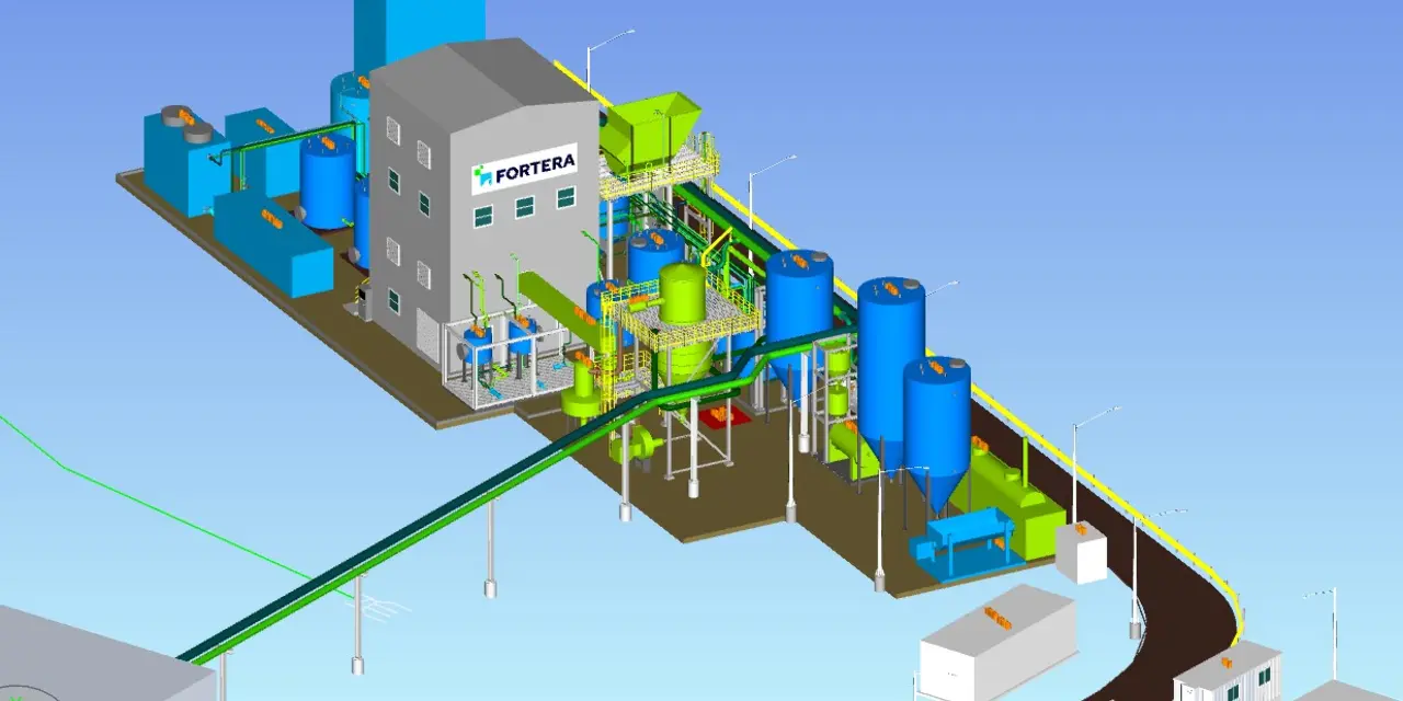 Colourful 3D model of an industrial facility with various structures including buildings, tanks, and pipes in shades of blue, green, yellow, and grey.