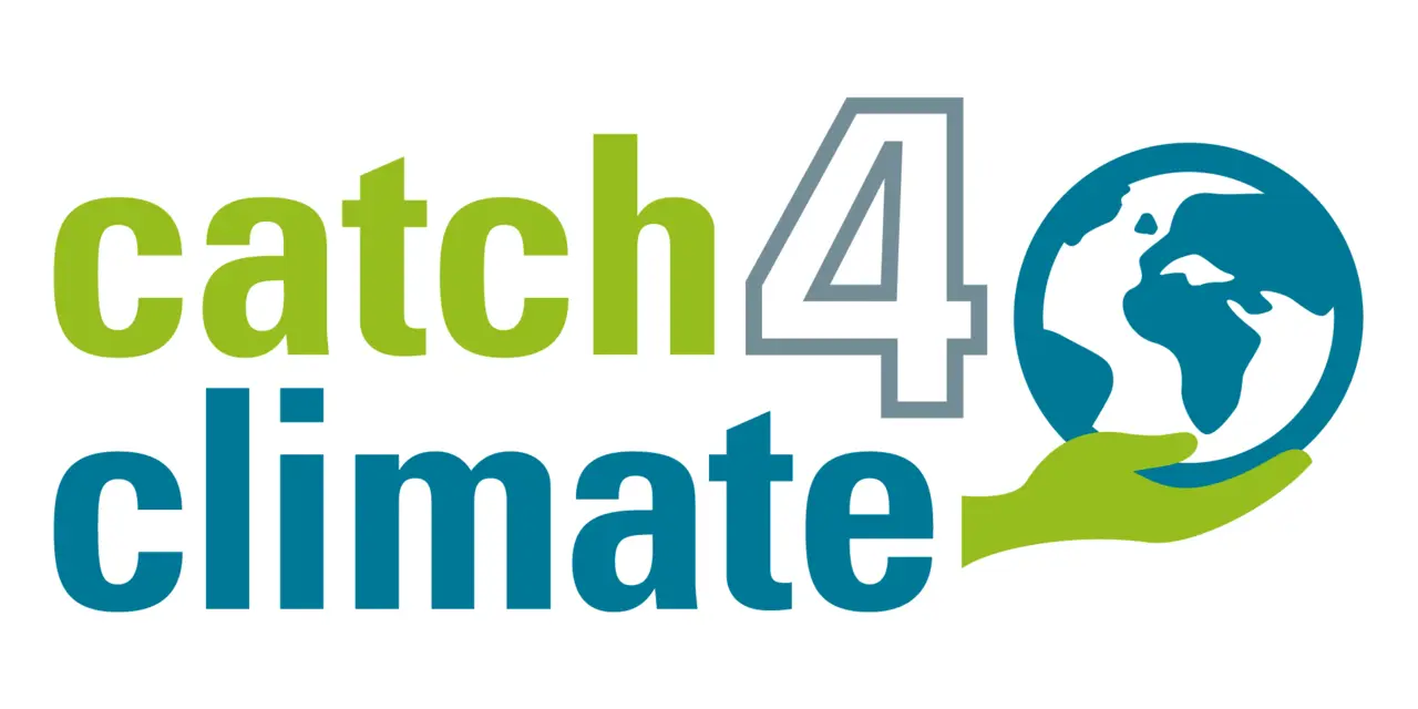 Catch4climate logo, with the text ‘catch’ in dark green and ‘4climate’ in light blue, with a stylised Earth supported by a green hand above it.