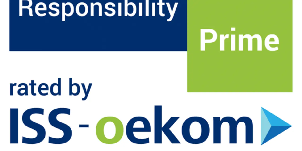 Two logos: one blue rectangle with ‘Corporate Responsibility’ in white text, and a green square with ‘Prime’ in white text, followed by ‘rated by’ and the ISS-oekom logo beneath it, indicating a high corporate responsibility rating.