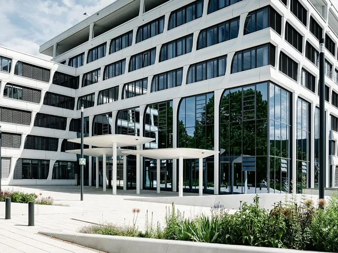 Hauptverwaltung von Heidelberg Materials: Modernes Bürogebäude mit großen Glasfassaden, flankiert von Bäumen auf der linken Seite und Flaggen rechts. Im Vordergrund ein gepflasterter Eingangsbereich mit Grünflächen und niedrigen Lampen.