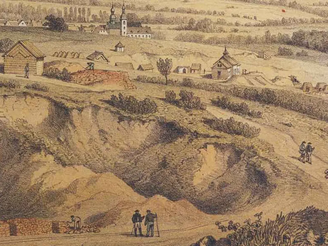 Historisches Gemälde einer Landschaft mit Kratern und Gebäuden