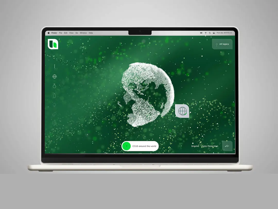 Laptopbildschirm mit einer Visualisierung einer digitalen Weltkugel und einem grünen Hintergrund, Haupt-Button zeigt eine Download-Option.