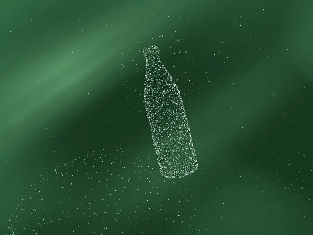 A translucent bottle made of particles is depicted against a green gradient background.