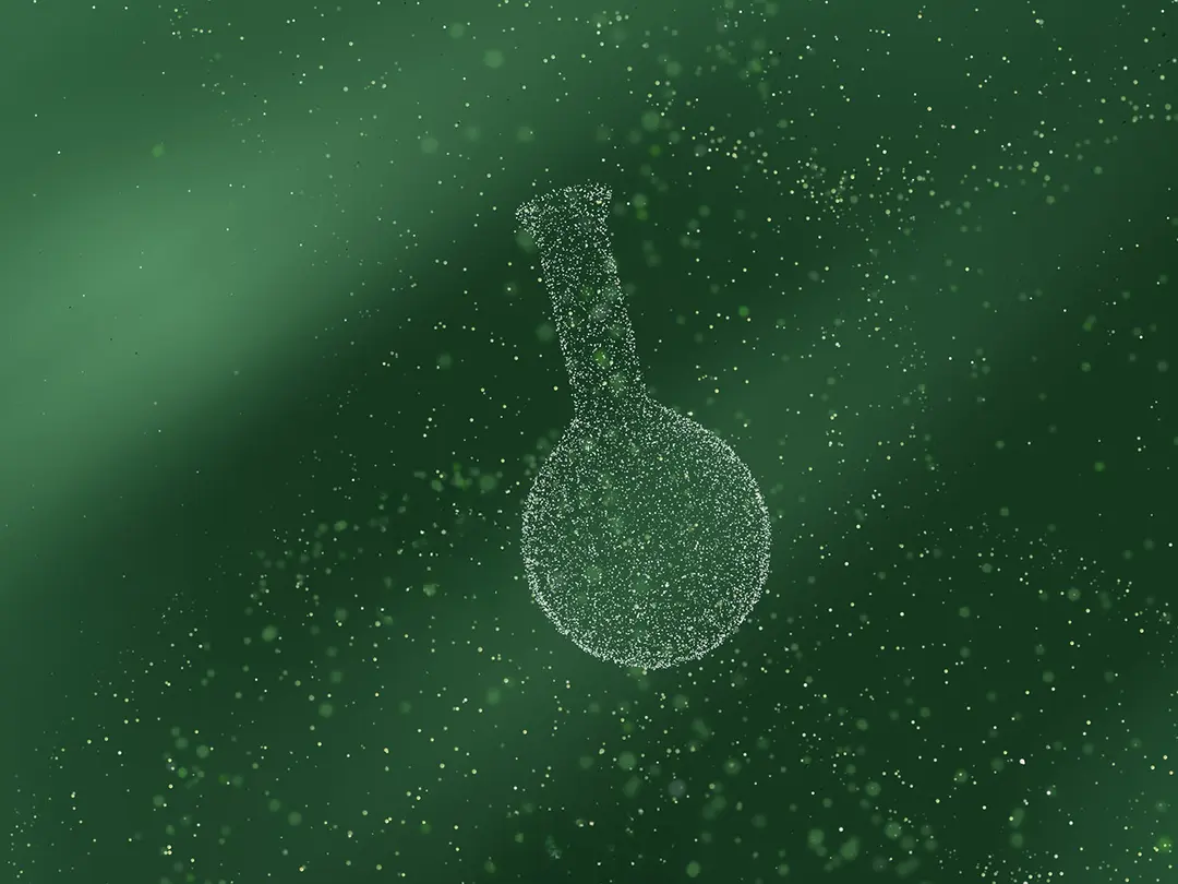 A digital outline of a laboratory flask made of particles, set against a green backdrop.