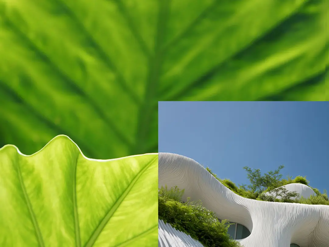 A close-up of a green leaf alongside a modern building with greenery on its facade.
