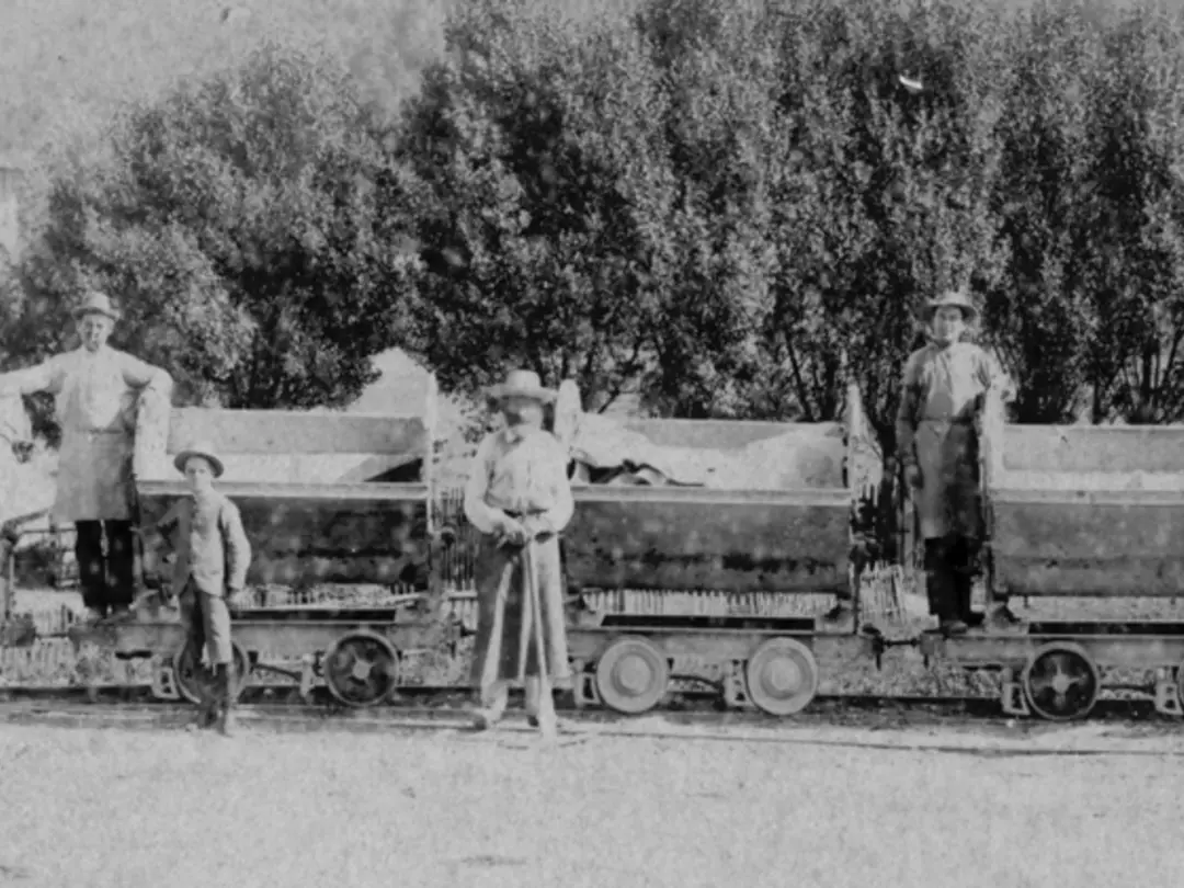 Männer und ein Kind stehen vor fünf Loren, die von einem Pferd gezogen werden, im Hintergrund Gebüsch