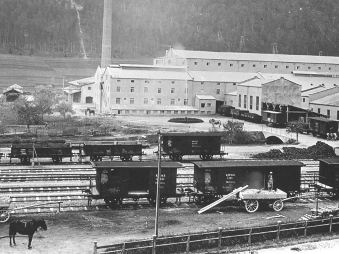 Historisches Industrieareal mit Fabrikgebäuden, Schornsteinen und Güterwaggons im Vordergrund.