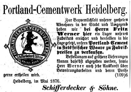 An old advertisement for a Portland cement factory in Heidelberg, Germany, featuring a lion emblem and contact information.