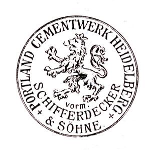 Circular logo with a lion in the center, standing upright and facing left. Surrounding text reads "Portland Cementwerk Heidelberg vorm. Schifferdecker & Söhne."