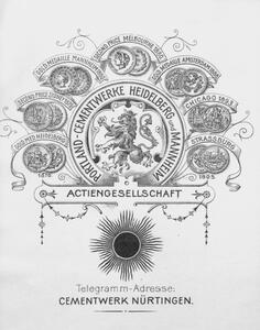 A vintage company logo for "Cementwerke Heidelberg-Mannheim". It features a lion, the company name, and several medals and awards from various cities and years.