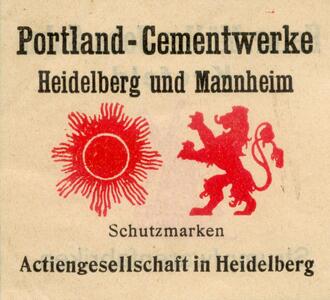 A vintage logo for Portland-Cementwerke Heidelberg und Mannheim, featuring a red sun and a red lion.