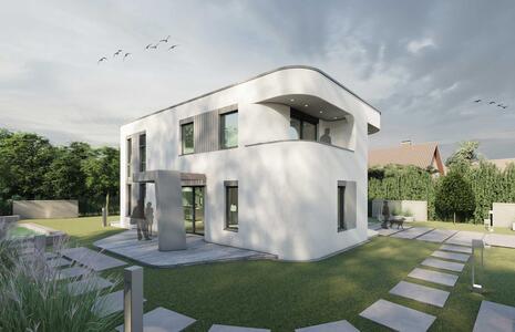 Modern two-story house with curved design and white walls, set against a green lawn and blue sky
