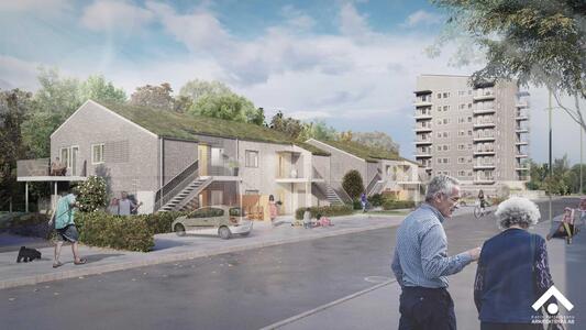 Illustration einer Vorstadt-Straße mit Reihenhäusern und einem Hochhaus, verschiedene Personen sind unterwegs.