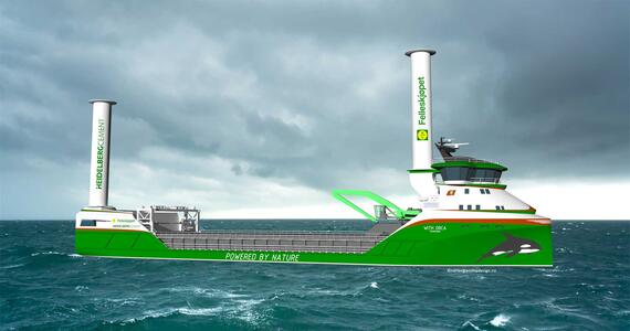 Digitale Darstellung eines grün-weißen Schiffs mit den Aufschriften ‘Green Shipping Line’ und ‘Zero Emissions’ sowie ‘Powered by Nature’ Schornsteinen, das unter stürmischem Himmel segelt.