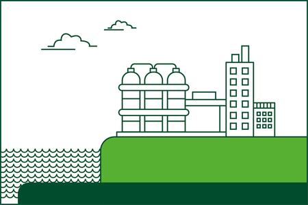 Illustration of an industrial plant directly by the sea, clouds in the background