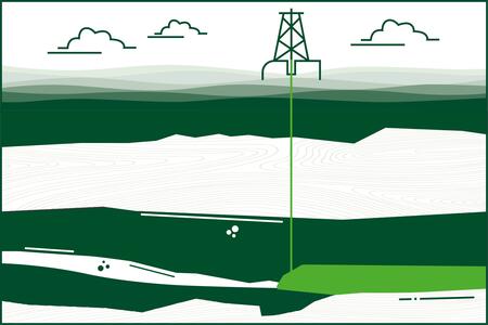Illustration shows cross-section through different soil layers. Liquid is transported through a pipe via a tower on the surface into one of the deep rock layers.
