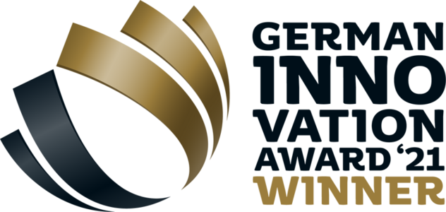 A logo for the German Innovation Award 2021. The logo features a gold ribbon-like shape and the text "GERMAN INNOVATION AWARD 2021 WINNER" in black.