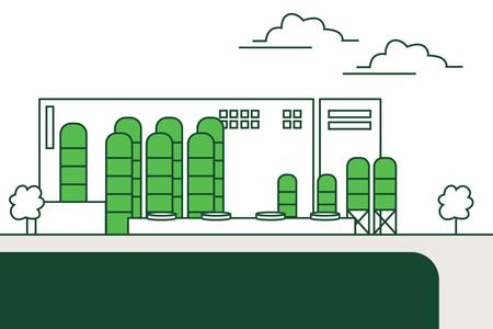 Illustration of an industrial plant with numerous larger and smaller towers highlighted in light green