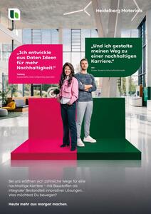 Sustainability reporting employee and dual student on stage in the head office of Heidelberg Materials AG