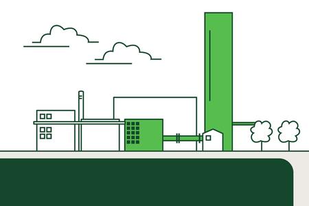 Illustration of an industrial plant, highlighted in light green is a flat part of a building connected to a tower via a pipe