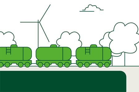 Illustration shows light green tank wagons in front of trees and a wind turbine