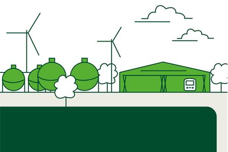 Illustration of a low building with four large spherical containers next to it, two wind turbines and clouds in the background