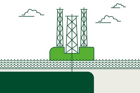 Illustration of an artificial island floating on the sea with three towers, the centre of which is connected to the seabed
