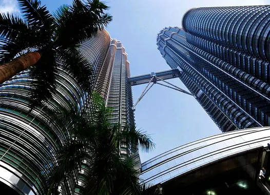 The Petronas Twin Towers in Kuala Lumpur, Malaysia, photographed from a ground-level perspective looking up. The towers are connected by a sky bridge and framed by a clear blue sky and palm leaves in the foreground.